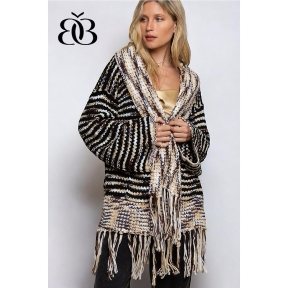 Bohemian Neutral Chunky Knit Festival Hippie Vibes Fringe Cardigan By POL Sz M - Picture 14 of 16